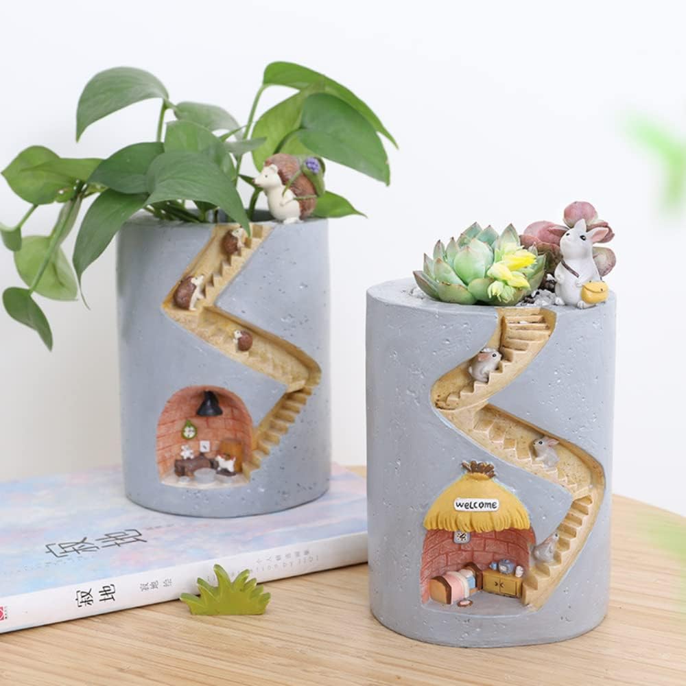 Avtoit | Decorative plant pot with hedgehog and rabbit miniature – Creative staircase design for plants