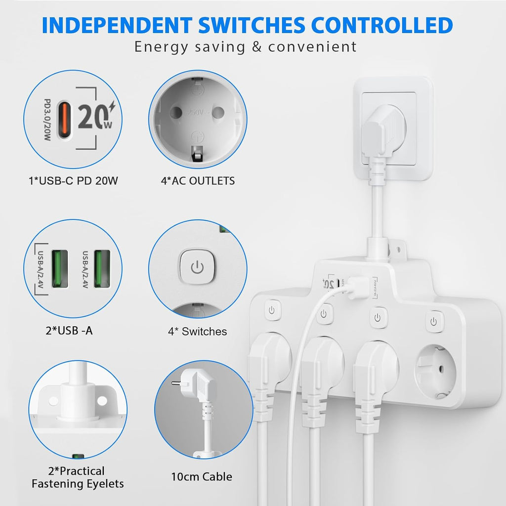 Avtoit | Swivel Wall-Mounted Power Strip with Independent Switches – 3 Outlets + 2 USB-A + 1 USB-C Ports