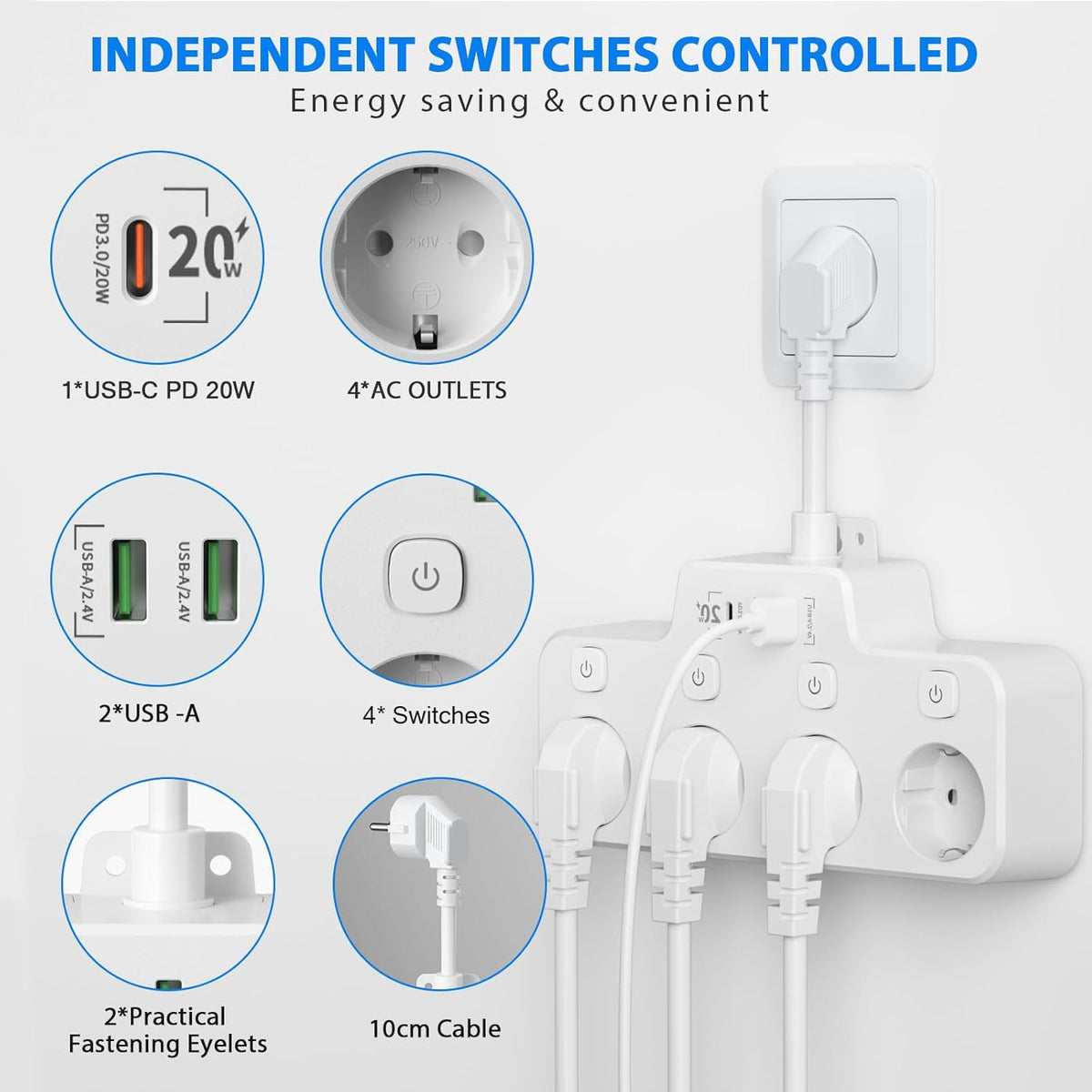 Avtoit | Swivel Wall-Mounted Power Strip with Independent Switches – 3 Outlets + 2 USB-A + 1 USB-C Ports