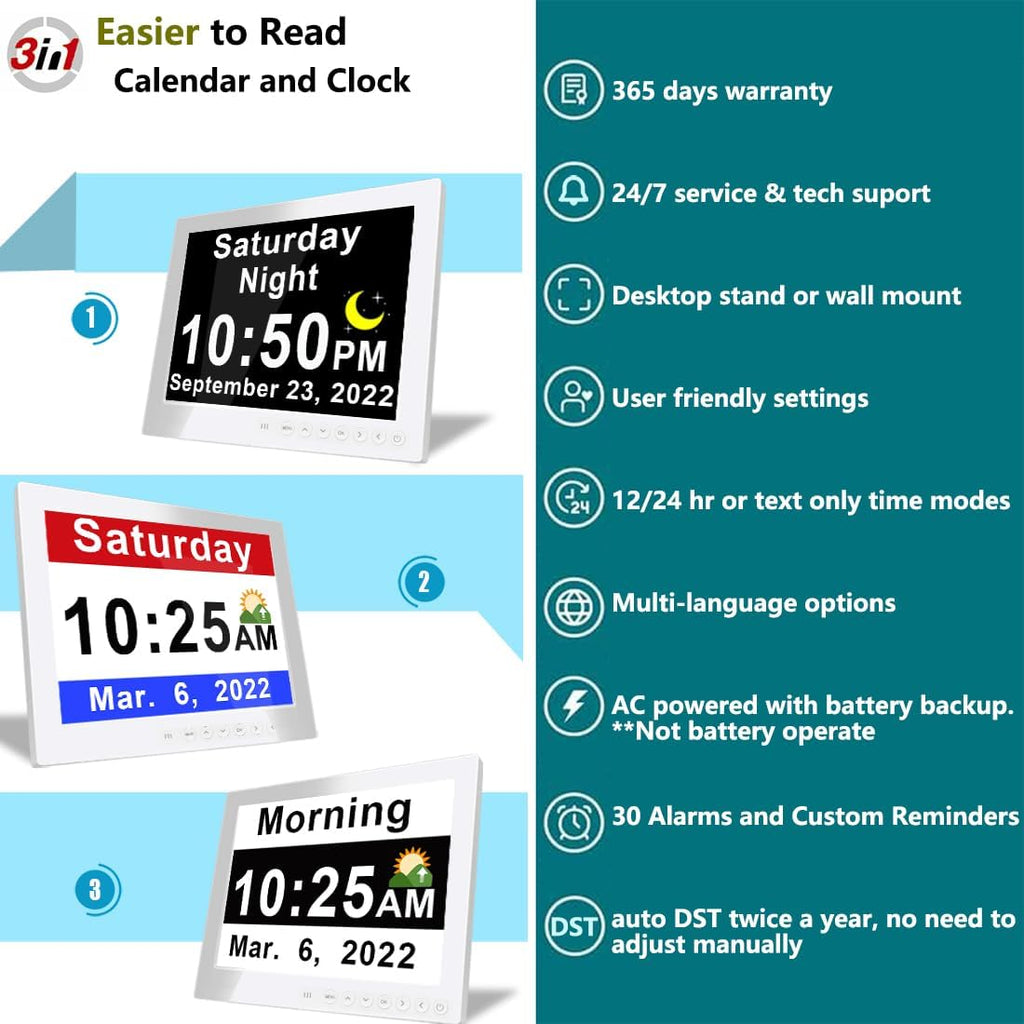 Avtoit | 11.5-Inch Digital Calendar Day Clock with 19 Reminders – Claryon