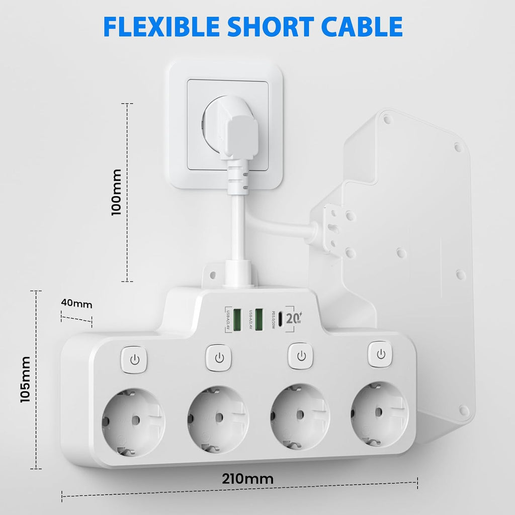 Avtoit | Swivel Wall-Mounted Power Strip with Independent Switches – 3 Outlets + 2 USB-A + 1 USB-C Ports