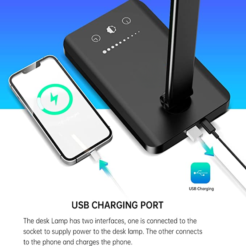 Avtoit | LED desk lamp with USB charging port, dimmable eye-friendly reading lamp for home, with 5 brightness levels & 3 light modes, touch control, auto timer (Black)