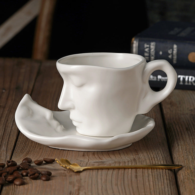 Avtoit | Metal Touching Face Creative Ceramic Kiss Coffee Cup, Artistic Vibe Mug & Saucer Set