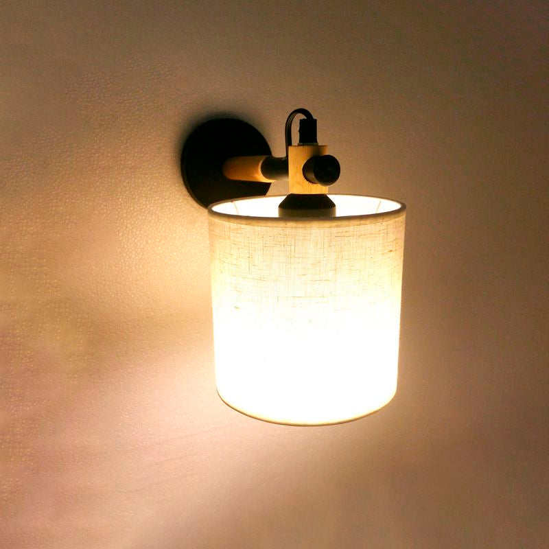 Avtoit | Fabric Cylindrical Wall Light Modernist 1 Light Bedroom Wall Mounted Light with Wood Connection in Black/White