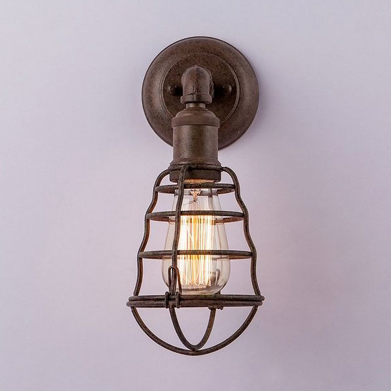 Avtoit | Rust Finish Mini Wall Lamp with Cage Shade Antique Style Iron 1 Light Farmhouse Wall Mount Lighting