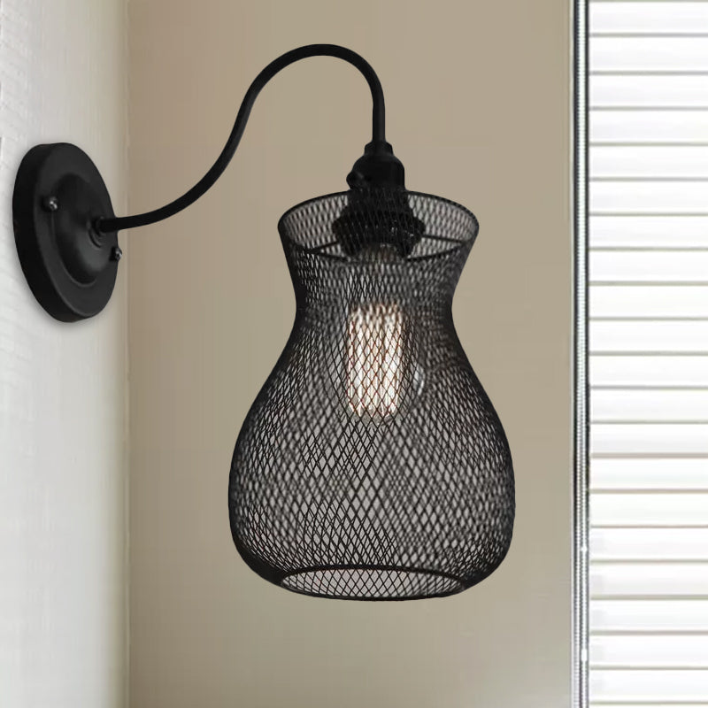 Avtoit | 1 Bulb Vase Shape Wall Sconce with Mesh Shade Industrial Style Black Metal Wall Light for Hallway