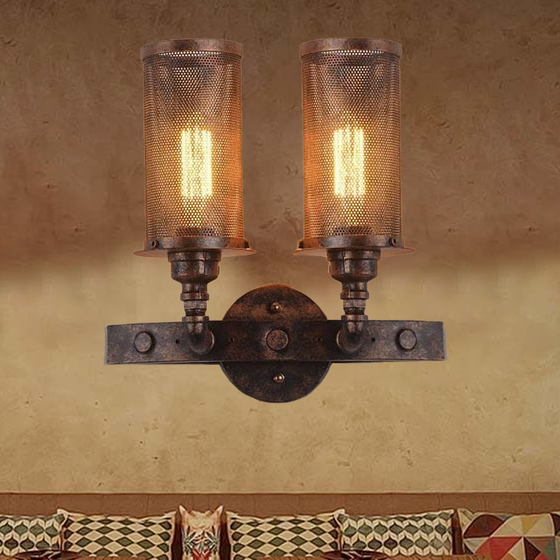 Avtoit | Antique style double cylinder wall lamp with mesh shade 2 lights wrought iron wall mount lamp in aged copper