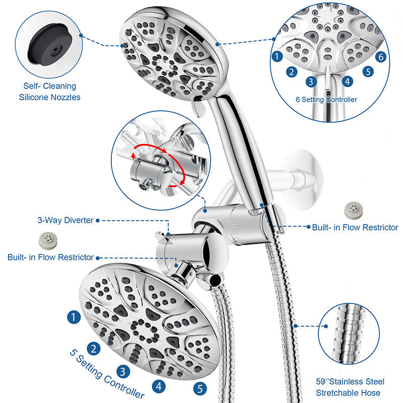 Avtoit | Contemporary Shower Combo Dual Shower Head Chrome Ceiling Mounted Round Shower Head