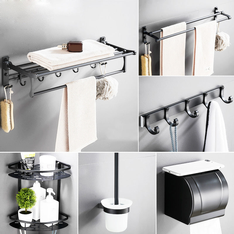 Avtoit | 6-piece modern bathroom hardware set in matte black with bathroom shelf/towel holder & bathrobe hooks