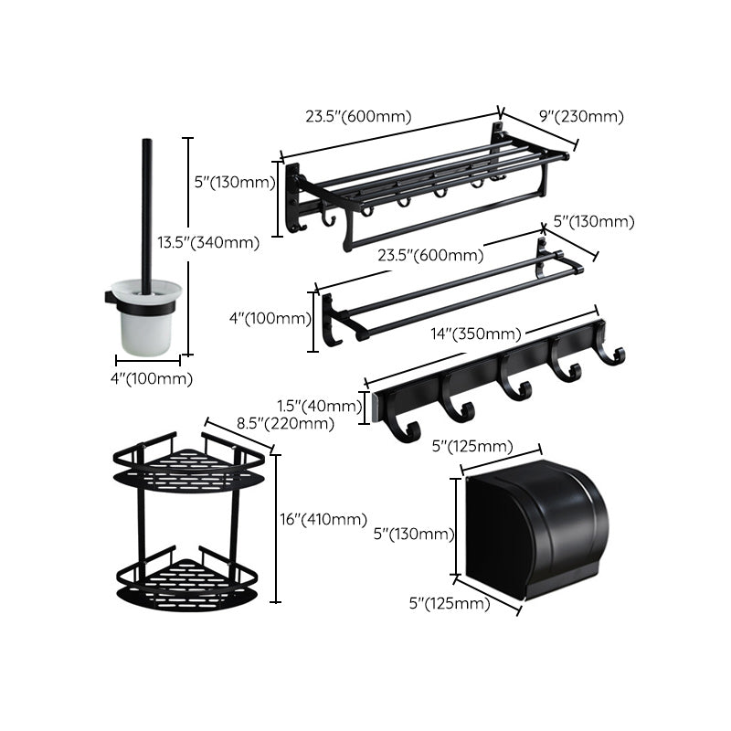 Avtoit | 6-piece modern bathroom hardware set in matte black with bathroom shelf/towel holder & bathrobe hooks