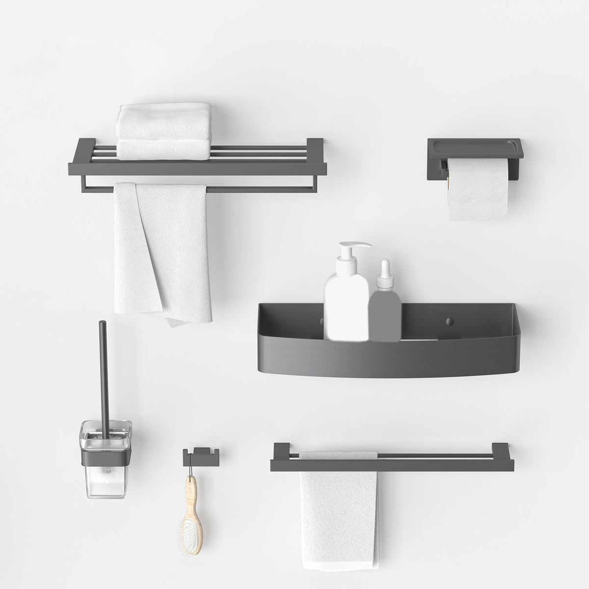 Avtoit | Gray contemporary bathroom accessory set Brushed gray bath shelf/toilet paper holder/towel bar