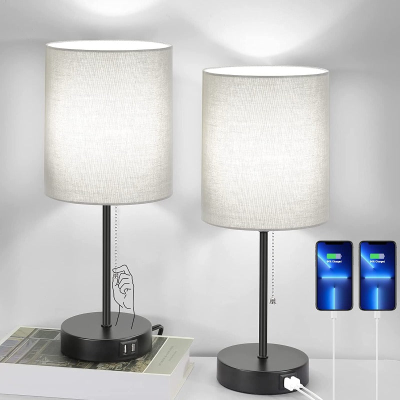 Avtoit | Table lamp set of 2 with USB charging ports, gray bedside lamps with AC outlet, bedside lamps with pull switch, minimalist modern desk lamps with fabric shade for living room bedroom office