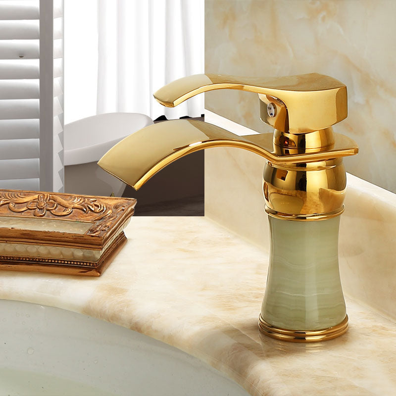 Avtoit | Wall-mounted Copper Roman Bath Faucet Low Arc Roman Bath Faucet Set with Jade