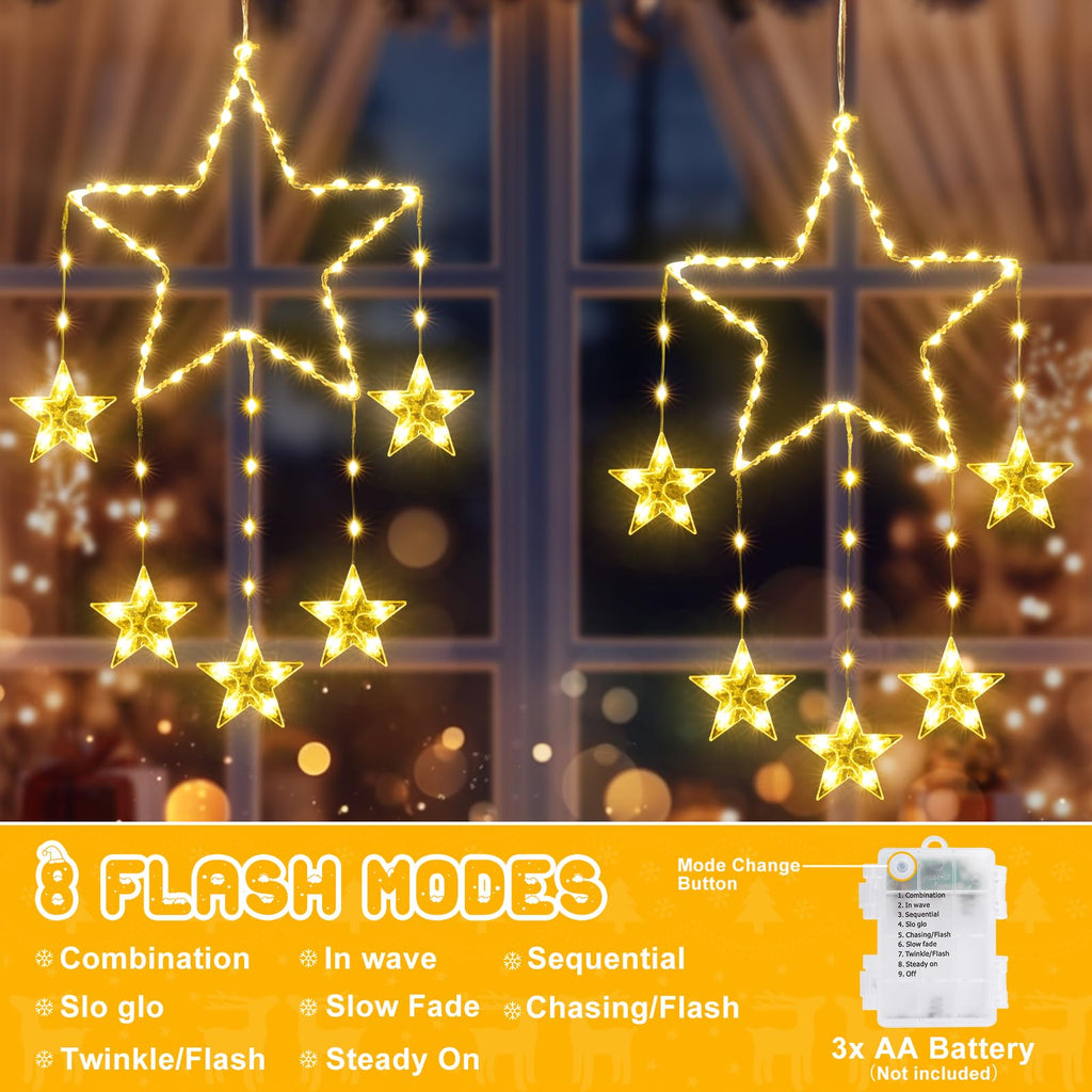 Avtoit | Quntis 2Pcs 95cm Large Christmas Window Lights, 84LED 12 Stars Battery Operated Christmas Silhouette Sparkle Star Lights with Timer Memory, 8 Modes Xmas Indoor Outdoor Hanging Decoration, Warm White