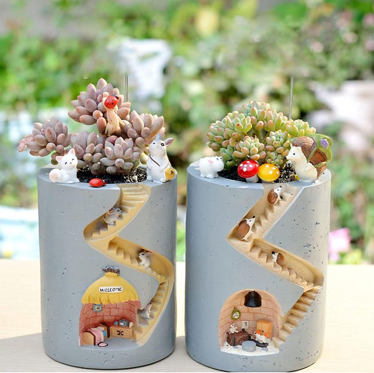 Avtoit | Decorative plant pot with hedgehog and rabbit miniature – Creative staircase design for plants