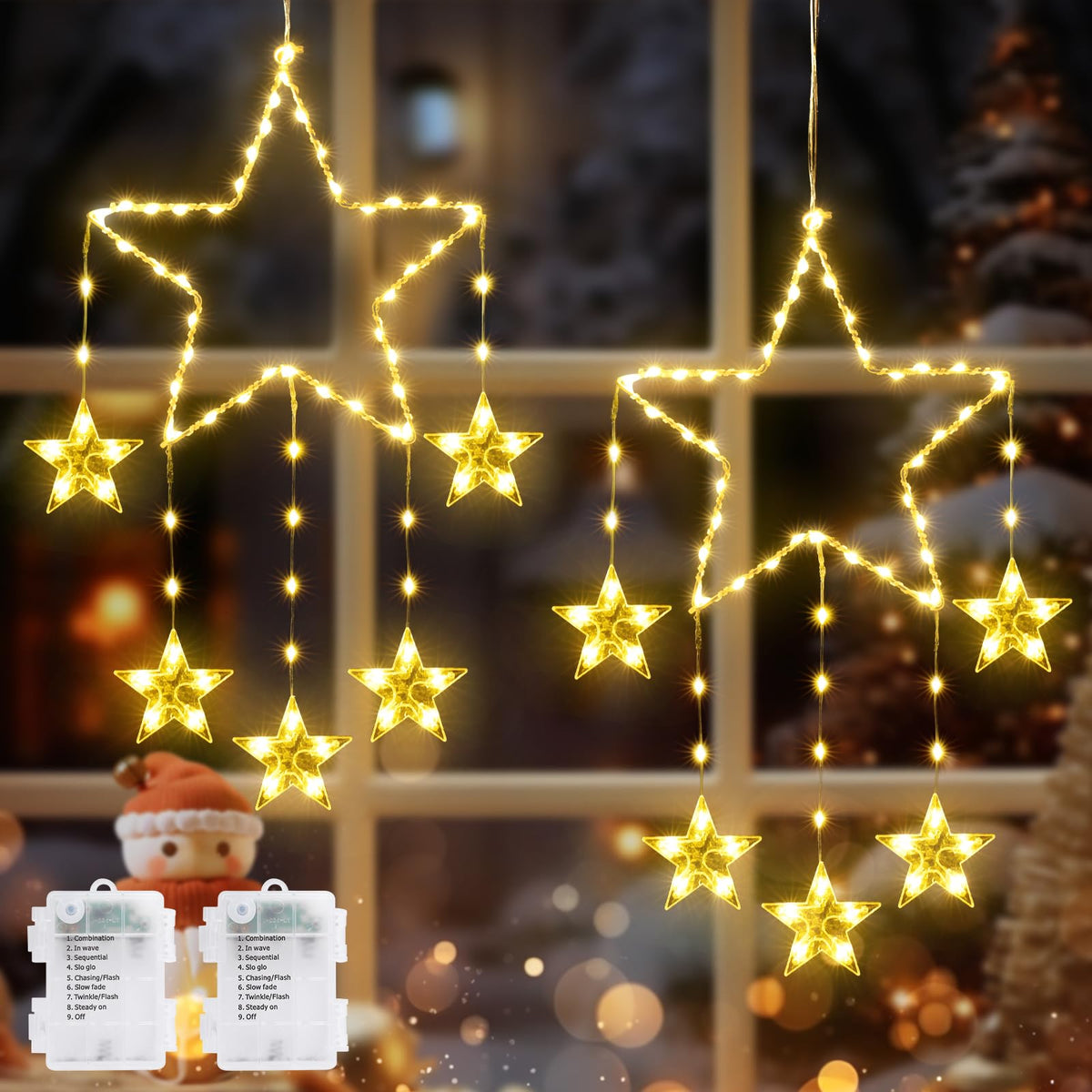 Avtoit | Quntis 2Pcs 95cm Large Christmas Window Lights, 84LED 12 Stars Battery Operated Christmas Silhouette Sparkle Star Lights with Timer Memory, 8 Modes Xmas Indoor Outdoor Hanging Decoration, Warm White