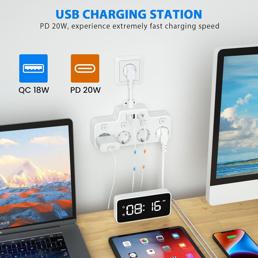 Avtoit | Swivel Wall-Mounted Power Strip with Independent Switches – 3 Outlets + 2 USB-A + 1 USB-C Ports