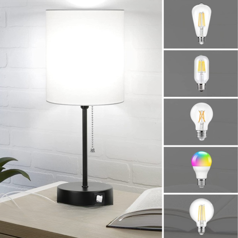 Avtoit | Table lamp set of 2 with USB charging ports, gray bedside lamps with AC outlet, bedside lamps with pull switch, minimalist modern desk lamps with fabric shade for living room bedroom office
