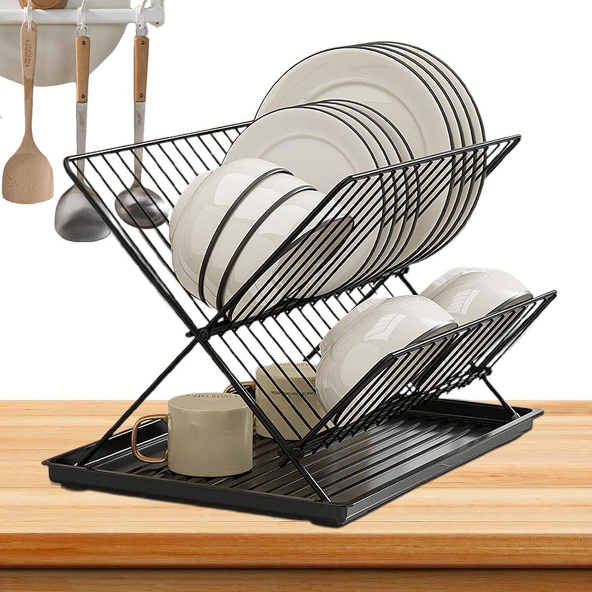 Avtoit | Folding Dish Drying Rack – 2-Tier Countertop Drainer with Detachable Tray – Kelvra