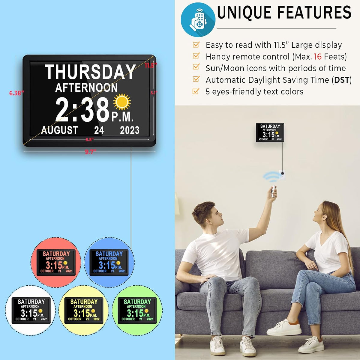 Avtoit | 11.5-Inch Digital Calendar Day Clock with 19 Reminders – Claryon