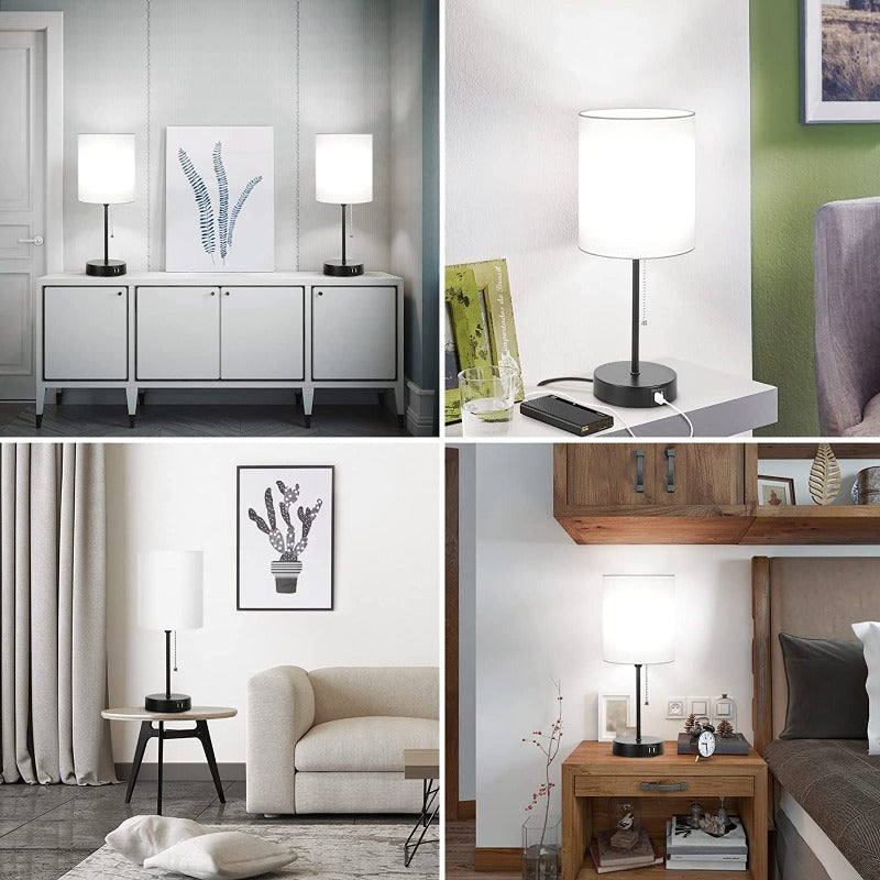 Avtoit | Table lamp set of 2 with USB charging ports, gray bedside lamps with AC outlet, bedside lamps with pull switch, minimalist modern desk lamps with fabric shade for living room bedroom office