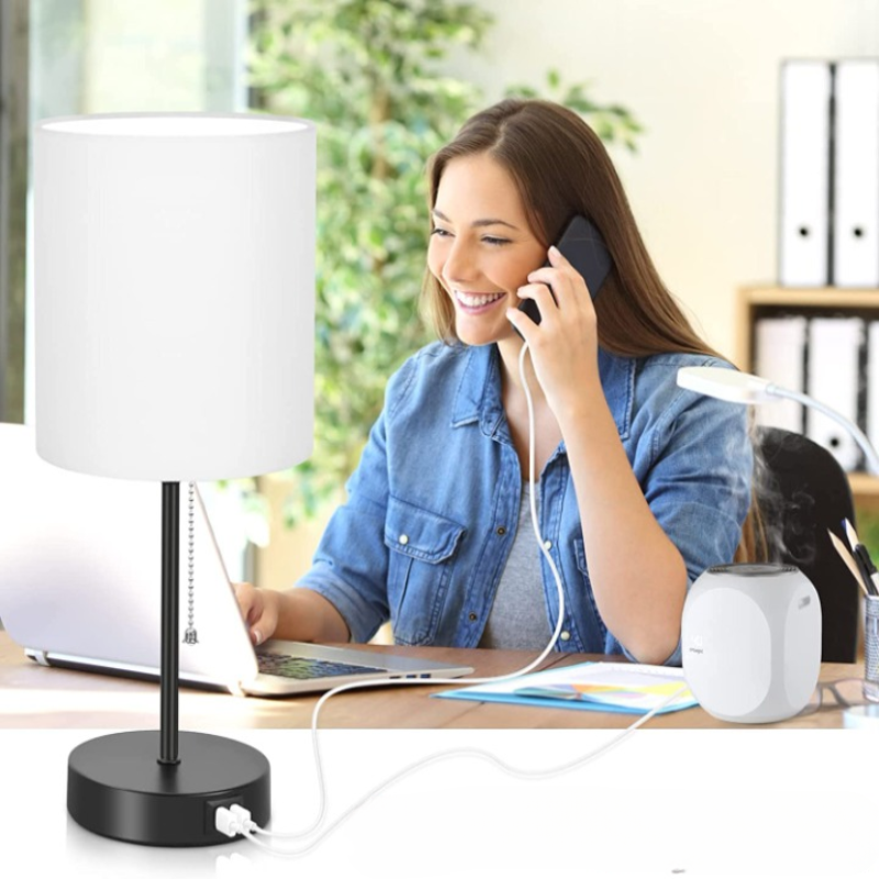 Avtoit | Table lamp set of 2 with USB charging ports, gray bedside lamps with AC outlet, bedside lamps with pull switch, minimalist modern desk lamps with fabric shade for living room bedroom office