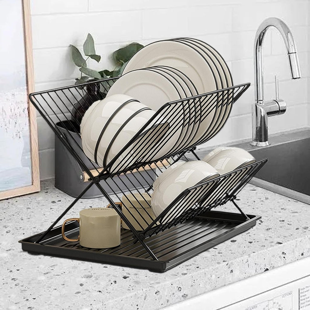 Avtoit | Folding Dish Drying Rack – 2-Tier Countertop Drainer with Detachable Tray – Kelvra