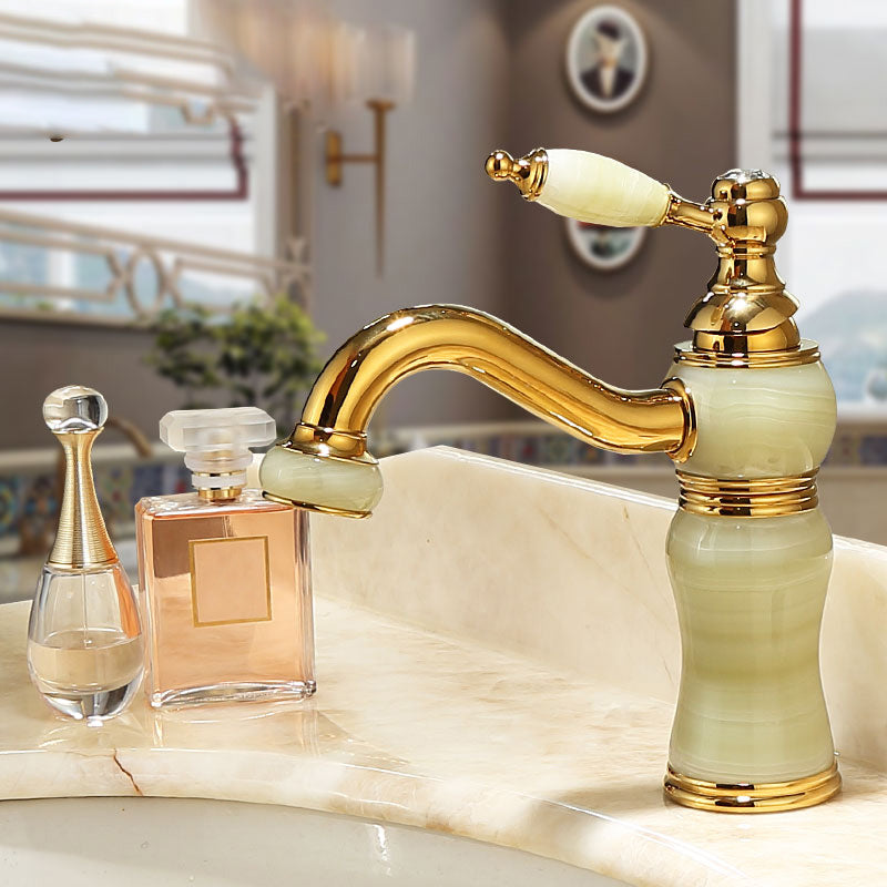 Avtoit | Deck Mounted Copper Tub Faucet Low Arc Roman Tub Faucet Set with Jade
