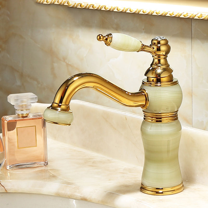 Avtoit | Deck Mounted Copper Tub Faucet Low Arc Roman Tub Faucet Set with Jade