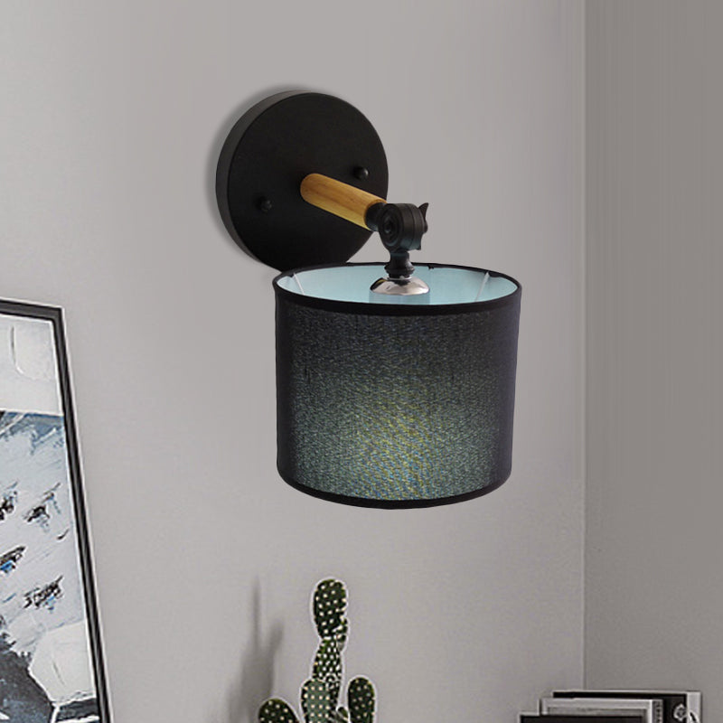 Avtoit | Modernist Armed Wall Lamp Wood 1 Light Bed Lamp with Black Drum Fabric Shade