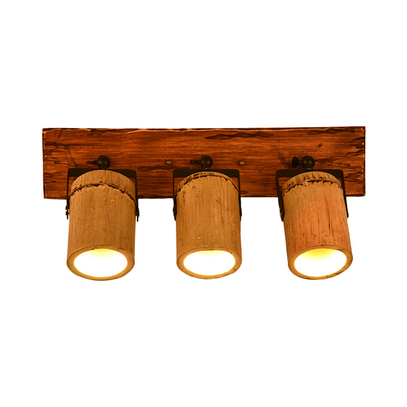 Avtoit | Vintage Cylinder Wall Lamp Sconces 2/3-Light Bamboo Wall Lamp in Brown with Linear Wooden Backplate