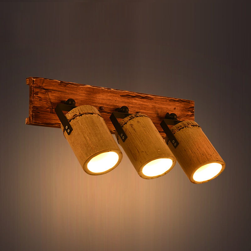 Avtoit | Vintage Cylinder Wall Lamp Sconces 2/3-Light Bamboo Wall Lamp in Brown with Linear Wooden Backplate
