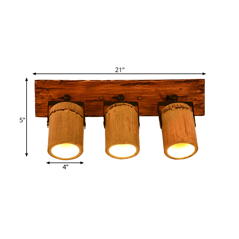 Avtoit | Vintage Cylinder Wall Lamp Sconces 2/3-Light Bamboo Wall Lamp in Brown with Linear Wooden Backplate