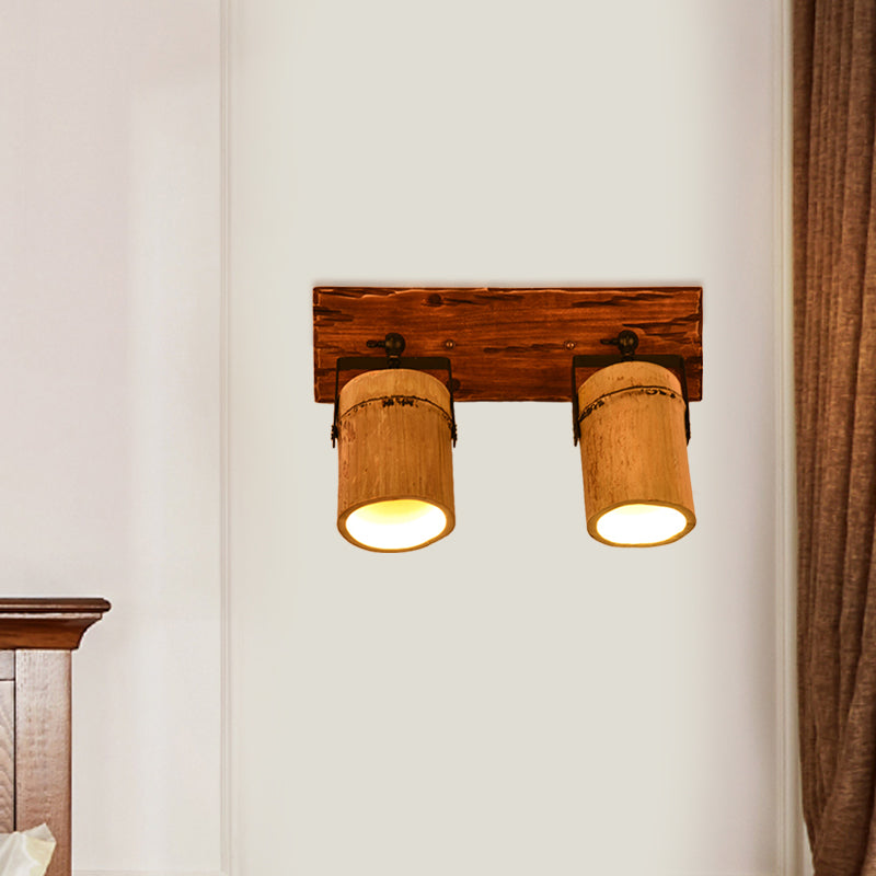 Avtoit | Vintage Cylinder Wall Lamp Sconces 2/3-Light Bamboo Wall Lamp in Brown with Linear Wooden Backplate