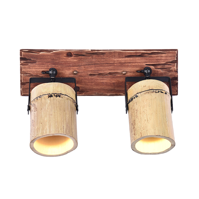 Avtoit | Vintage Cylinder Wall Lamp Sconces 2/3-Light Bamboo Wall Lamp in Brown with Linear Wooden Backplate