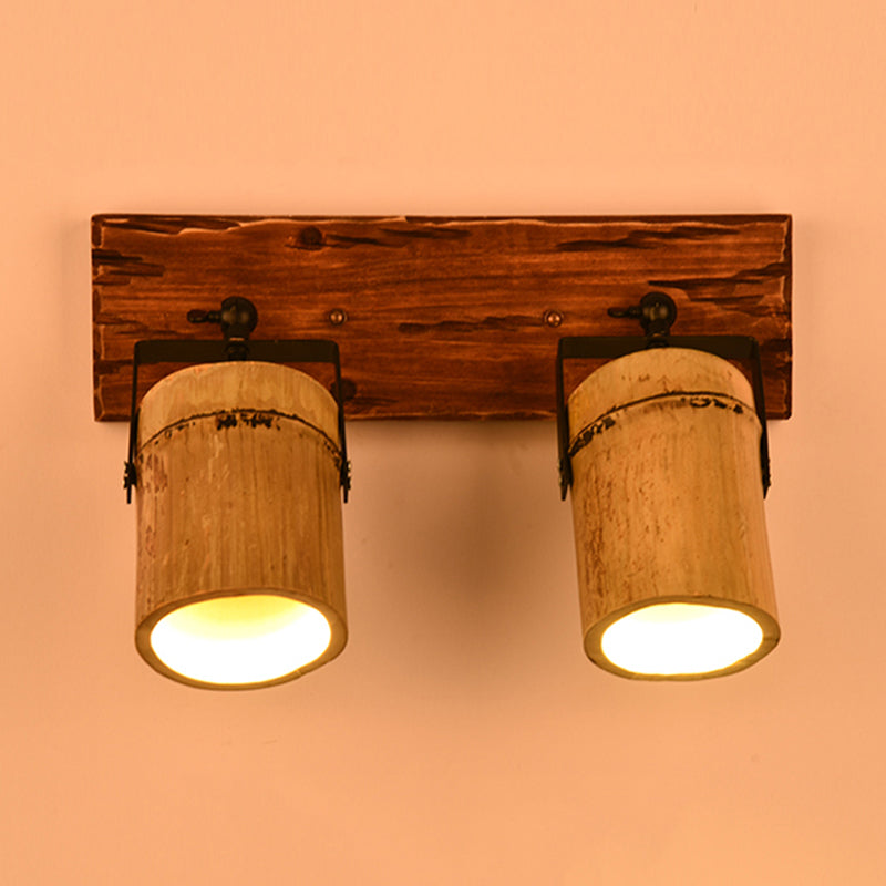Avtoit | Vintage Cylinder Wall Lamp Sconces 2/3-Light Bamboo Wall Lamp in Brown with Linear Wooden Backplate