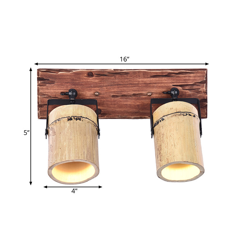 Avtoit | Vintage Cylinder Wall Lamp Sconces 2/3-Light Bamboo Wall Lamp in Brown with Linear Wooden Backplate