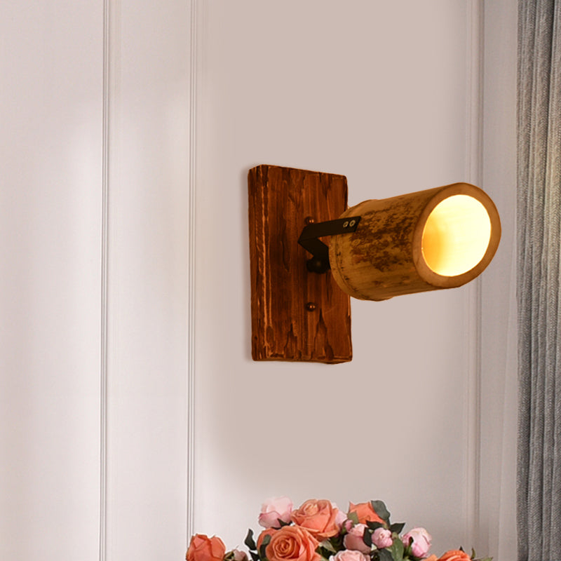 Avtoit | Vintage Cylinder Wall Lamp Sconces 2/3-Light Bamboo Wall Lamp in Brown with Linear Wooden Backplate