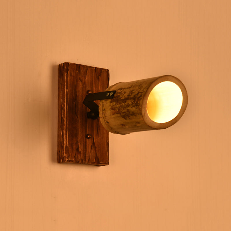 Avtoit | Vintage Cylinder Wall Lamp Sconces 2/3-Light Bamboo Wall Lamp in Brown with Linear Wooden Backplate
