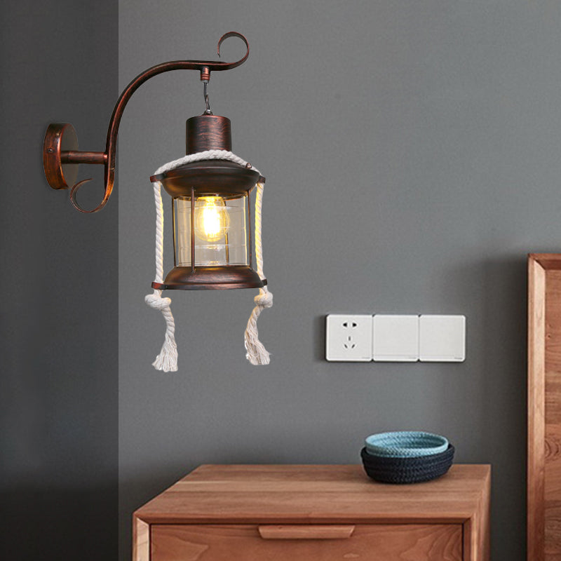Avtoit | 1-Bulb Metal Wall Mounted Light Industrial Brass/Copper Curved Arm Wall Lamp with Lantern Clear Glass Shade