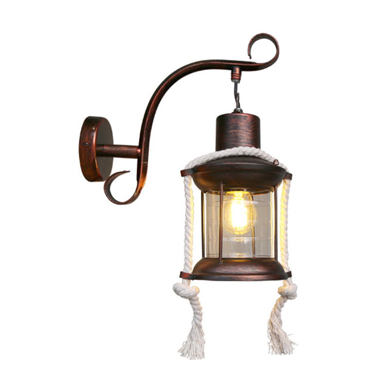 Avtoit | 1-Bulb Metal Wall Mounted Light Industrial Brass/Copper Curved Arm Wall Lamp with Lantern Clear Glass Shade