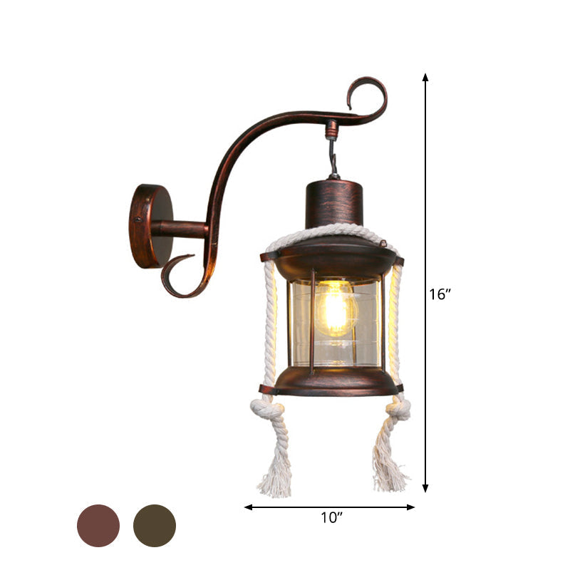 Avtoit | 1-Bulb Metal Wall Mounted Light Industrial Brass/Copper Curved Arm Wall Lamp with Lantern Clear Glass Shade