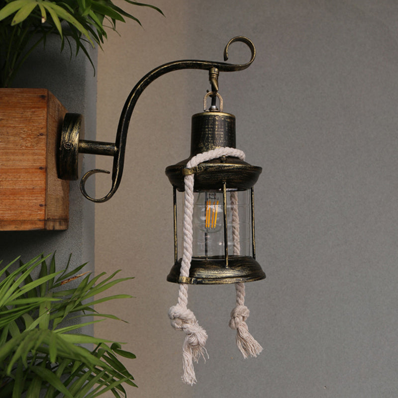 Avtoit | 1-Bulb Metal Wall Mounted Light Industrial Brass/Copper Curved Arm Wall Lamp with Lantern Clear Glass Shade