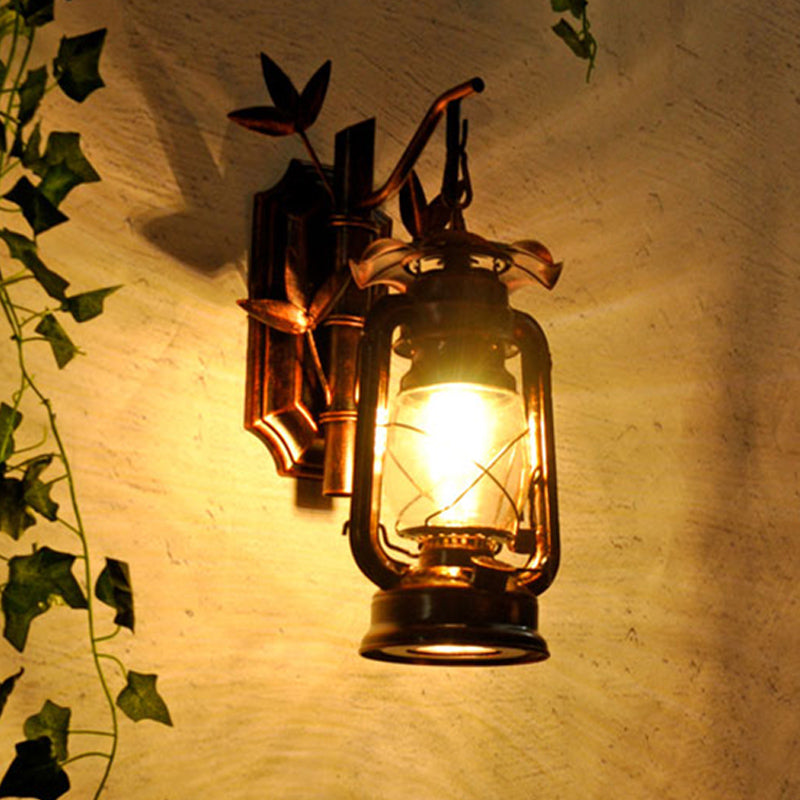 Avtoit | Industrial Lantern Wall Lamp 1 Head Clear Glass Wall Plate Lighting Fixture in Bronze/Copper with Metal Bamboo Back Plate