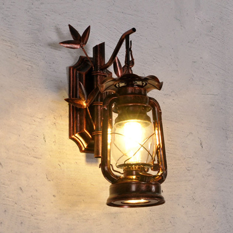 Avtoit | Industrial Lantern Wall Lamp 1 Head Clear Glass Wall Plate Lighting Fixture in Bronze/Copper with Metal Bamboo Back Plate
