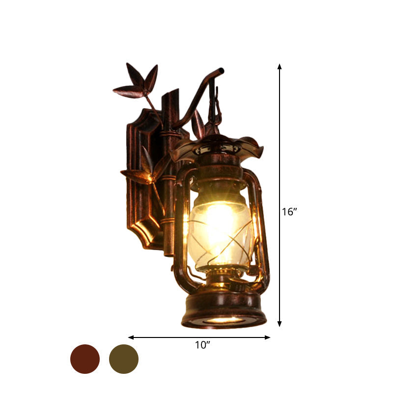 Avtoit | Industrial Lantern Wall Lamp 1 Head Clear Glass Wall Plate Lighting Fixture in Bronze/Copper with Metal Bamboo Back Plate