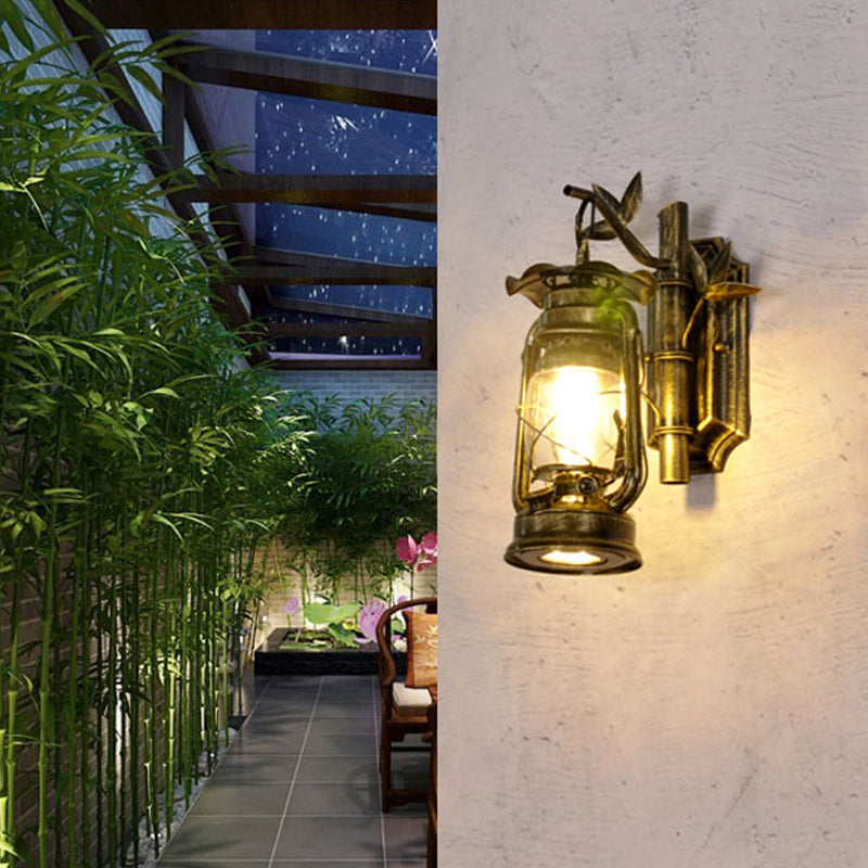 Avtoit | Industrial Lantern Wall Lamp 1 Head Clear Glass Wall Plate Lighting Fixture in Bronze/Copper with Metal Bamboo Back Plate