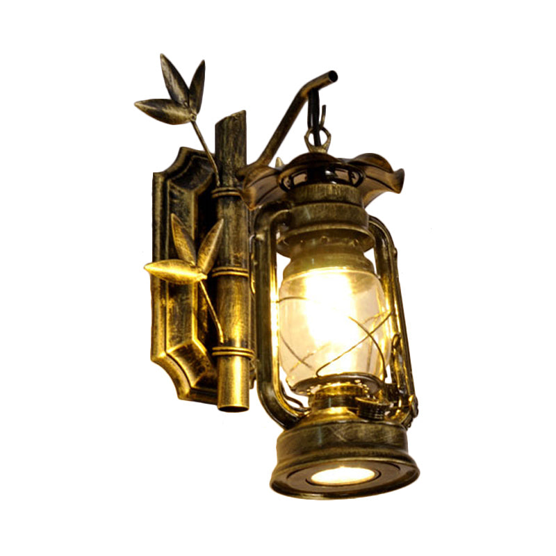 Avtoit | Industrial Lantern Wall Lamp 1 Head Clear Glass Wall Plate Lighting Fixture in Bronze/Copper with Metal Bamboo Back Plate