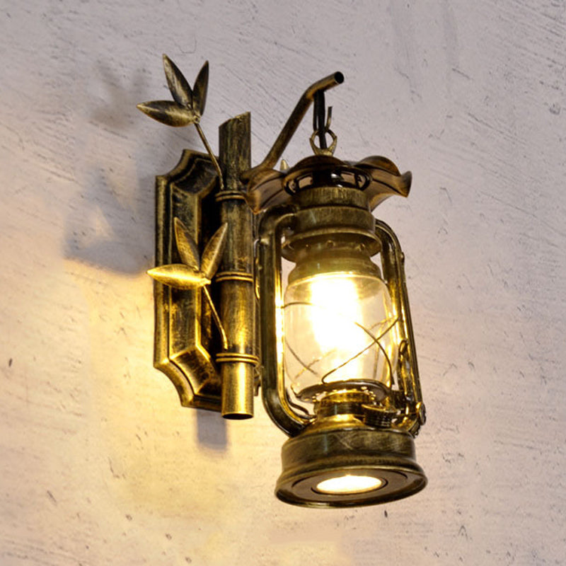 Avtoit | Industrial Lantern Wall Lamp 1 Head Clear Glass Wall Plate Lighting Fixture in Bronze/Copper with Metal Bamboo Back Plate