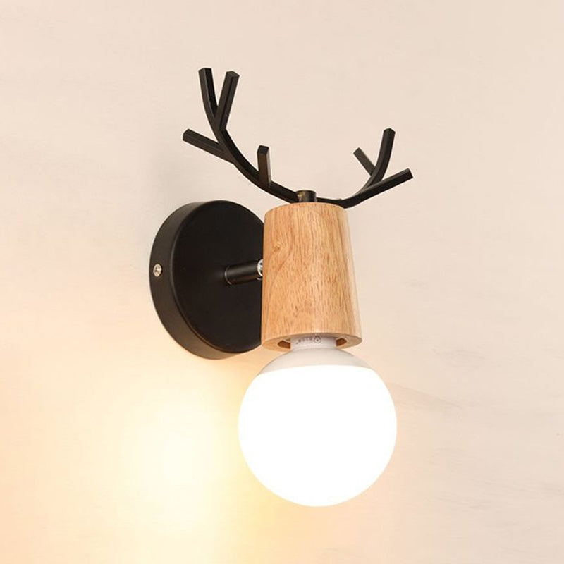 Avtoit | 1 Light Bare Bulb Wall Lamp Modern Style Black/White Finish Metal and Wood Wall Lighting with Deer Side